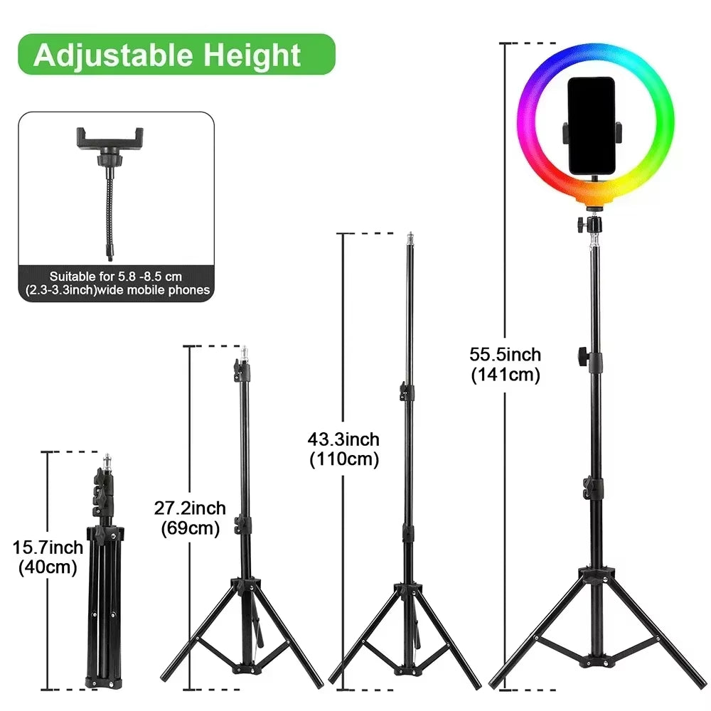 110Cm Tripod 10"LED Selfie Ring Light RGB Photography Video Light Phone Stand Fill Light Dimmable Lamp Trepied Streaming