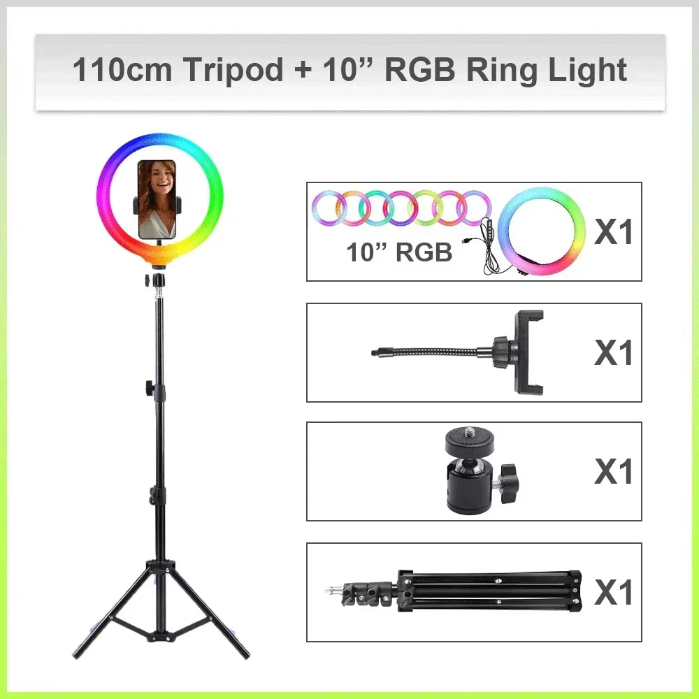 110Cm Tripod 10"LED Selfie Ring Light RGB Photography Video Light Phone Stand Fill Light Dimmable Lamp Trepied Streaming