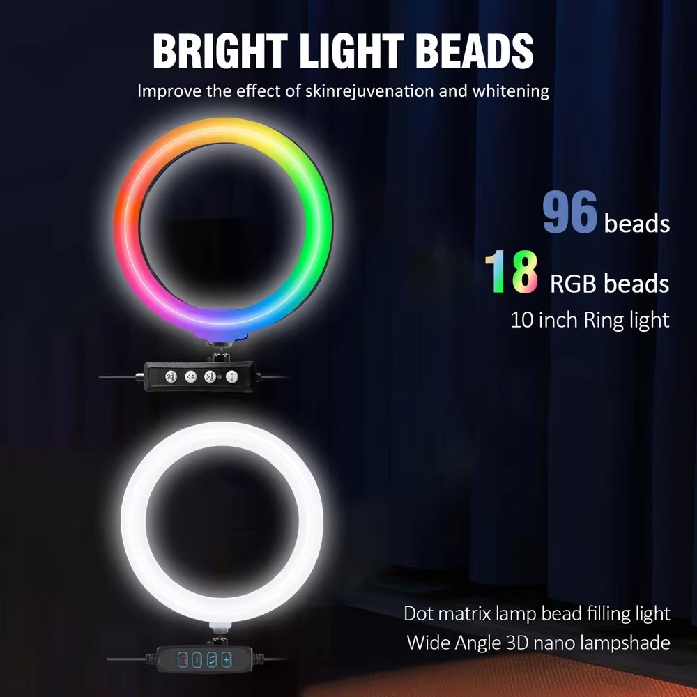 110Cm Tripod 10"LED Selfie Ring Light RGB Photography Video Light Phone Stand Fill Light Dimmable Lamp Trepied Streaming