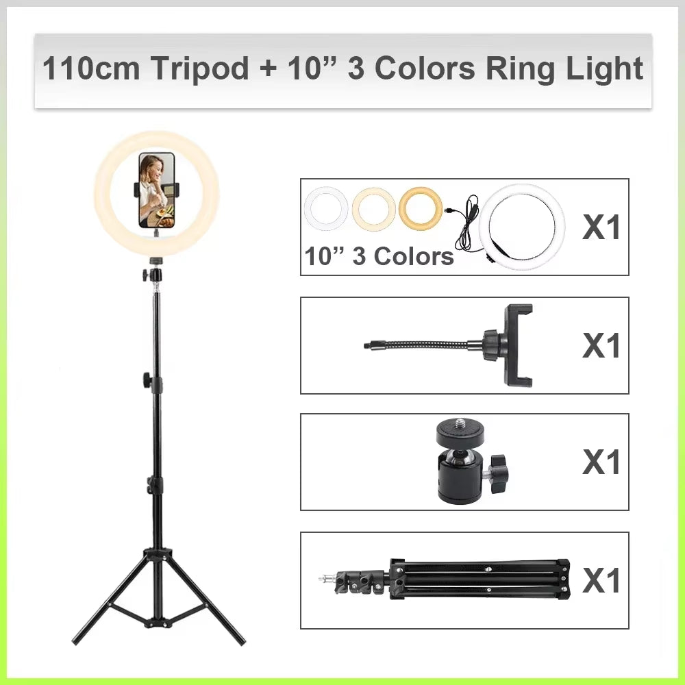 110Cm Tripod 10"LED Selfie Ring Light RGB Photography Video Light Phone Stand Fill Light Dimmable Lamp Trepied Streaming