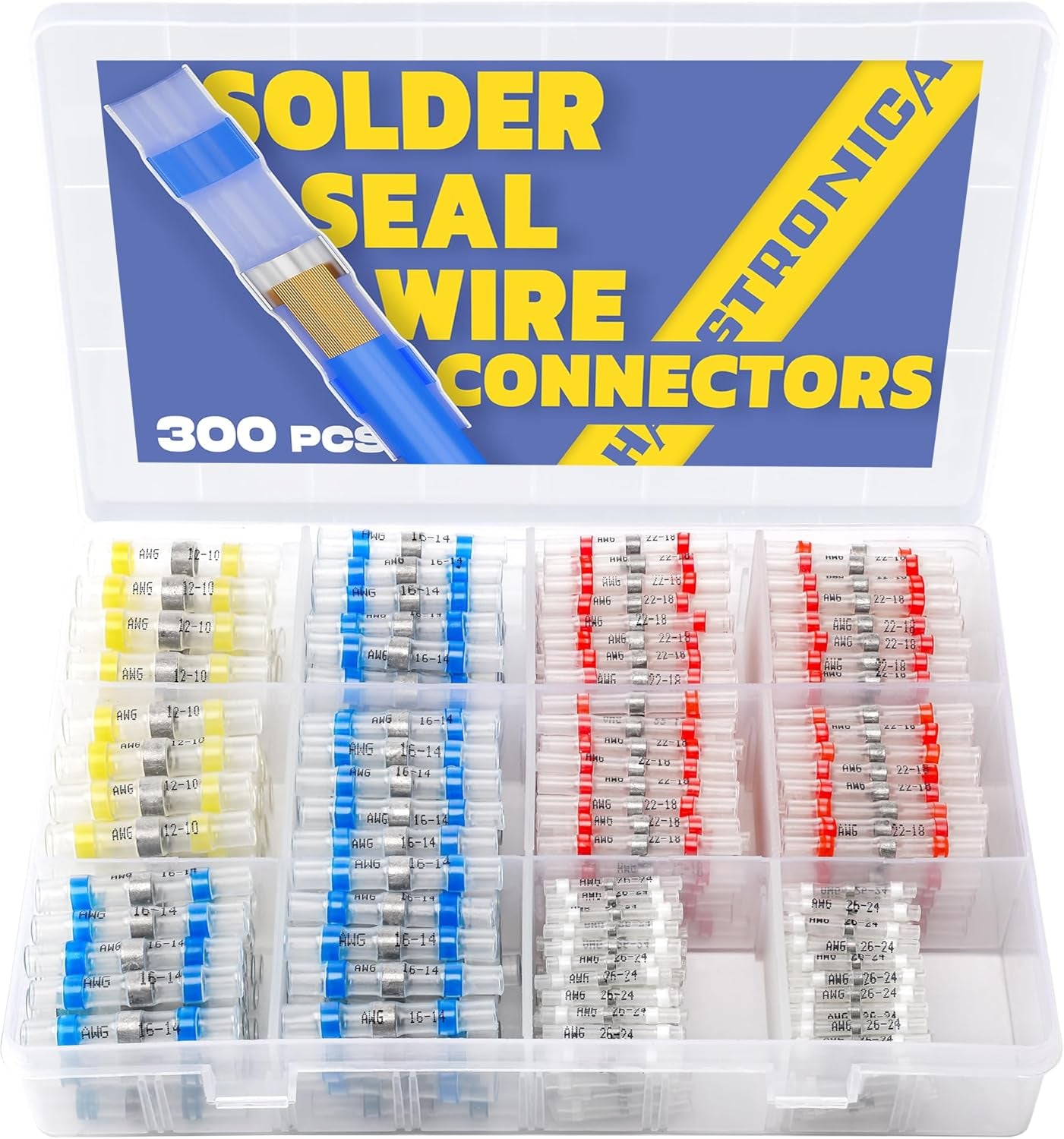 300PCS Solder Seal Wire Connectors- Marine Grade Heat Shrink Wire Connectors-Heat Shrink Butt Connectors for Marine,Stereo(30Yellow 70White 100Red 100Blue) Solder Sleeve